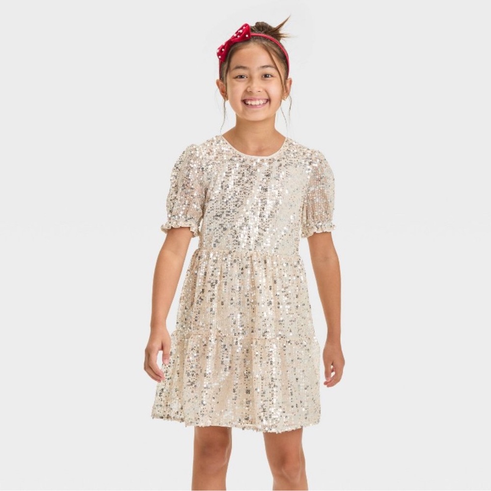 Cat & Jack Girls' Short Sleeve Sequin Dress - Cream, XS (4/5)